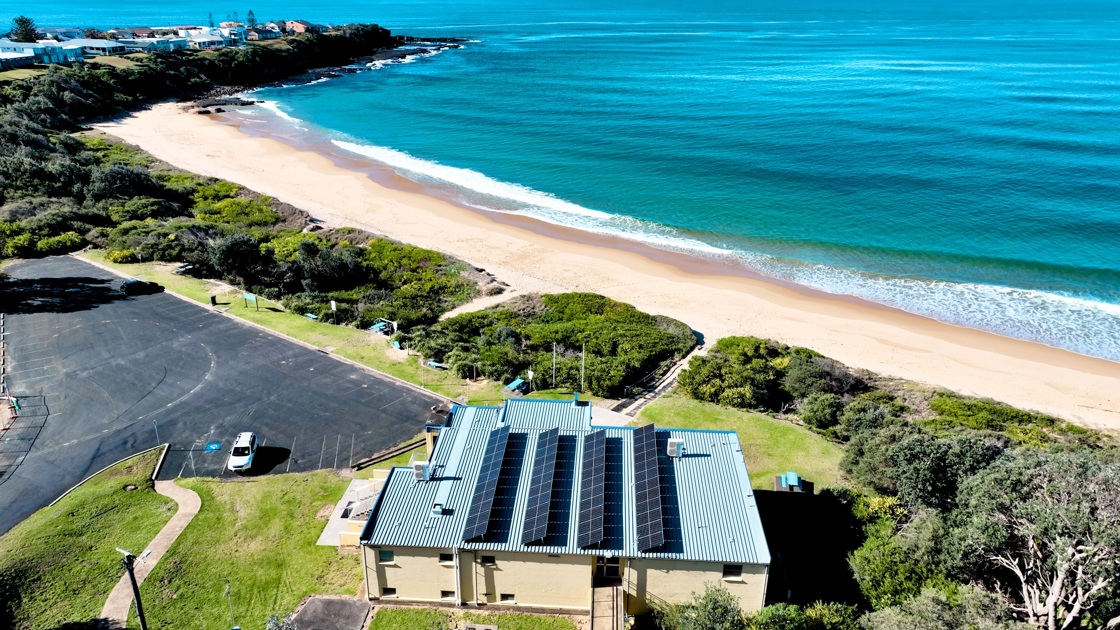 Aerial view of solar panels near Culburra Beach